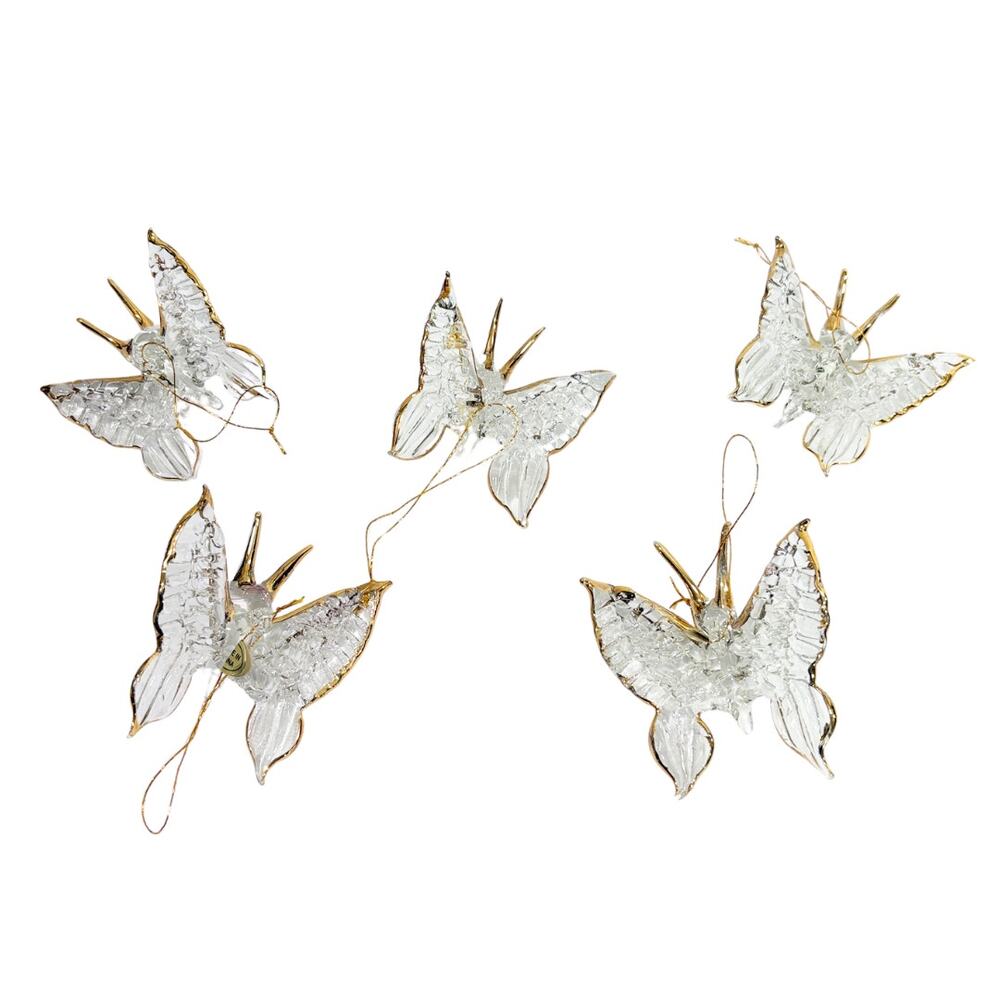 Vintage Hand Spun Glass Butterfly Ornaments Set of 5‎ Gold Trim Decor Christmas